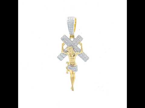 925 Sterling Silver Yellow-Tone Unisex Baguette Round Moissanite Crucifix Cross Religious Pendant
