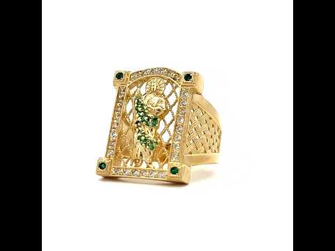 10K Yellow Gold Mens Green White Cubic-Zirconia St. Jude Religious Ring