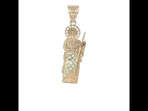 10K Yellow Gold Mens Green White Cubic-Zirconia St. Jude Religious Charm Pendant
