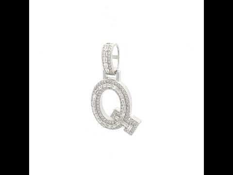 925 Sterling Silver Unisex Round Baguette Cubic Zirconia Initial Letter Q Charm Pendant