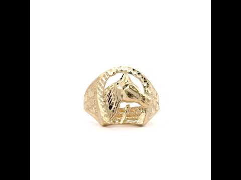 10K Yellow Gold Mens Horse Head Horseshoe Good Luck Ring