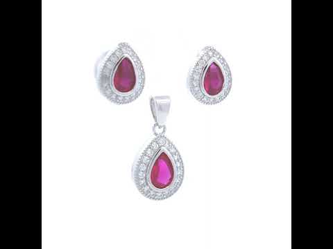 925 Sterling Silver Womens Pink White Teardrop Round Cubic-Zirconia Teardrop Fashion Earrings And Pendant Set