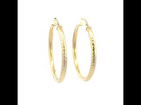 10K Yellow Gold Womens Round Tube Diamond-cut Patterned Fancy Hoop Earrings 3mm-38