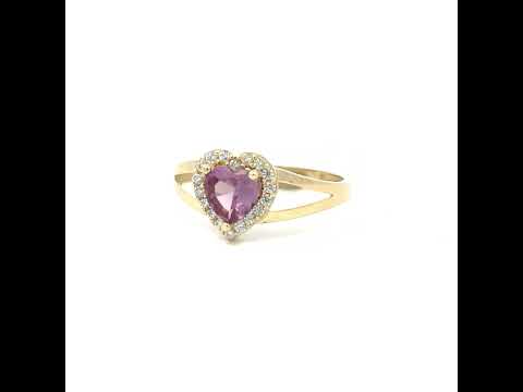 10K Yellow Gold Womens Round Heart White Purple Cubic-Zirconia Heart Birthstone Ring