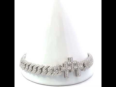 925 Sterling Silver Unisex Baguette Round Moissanite Triple Cross Religious Charm Cuban Bracelet