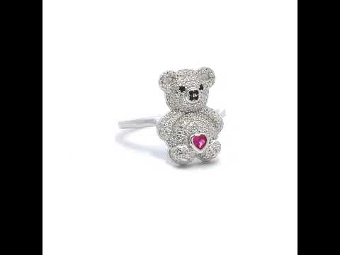 925 Sterling Silver Womens Black/Pink White Heart Round Cubic-Zirconia Teddy Bear Love Heart Ring Size 8
