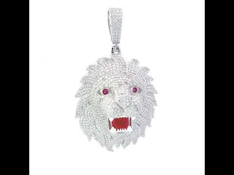 925 Sterling Silver Mens Purple White 15.1ct Moissanite Red Enameled Leo/Lion Head Zodiac Sign/Wildlife Pendant