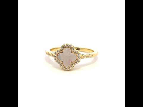 925 Sterling Silver Yellow-Tone Womens Cubic-Zirconia White Enameled Clover Good Luck Ring