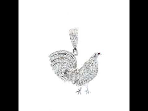 925 Sterling Silver Mens White Pink Cubic-Zirconia Rooster Ground Bird Wildlife Pendant