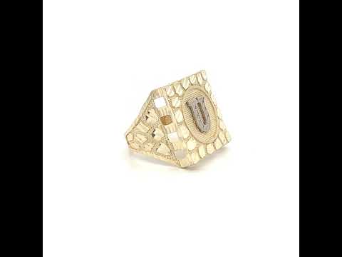 10K Two-Tone Gold Unisex Initial Alphabet U Nugget Ring