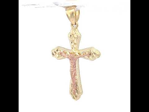 10K Two-Tone Gold Mens Women Nugget Textured Crucifix Cross Religious Charm Pendant