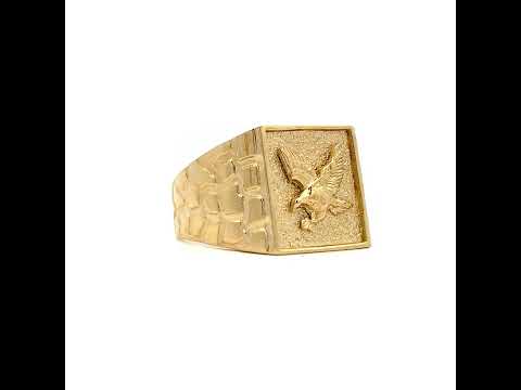 10K Yellow Gold Mens Eagle Bird Wildlife Square Head Nugget Ring