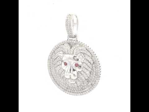 925 Sterling Silver Mens White Red 2.47ct Moissanite Leo/Lion Head Wildlife Charm Pendant