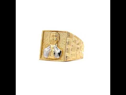10K Two-tone Gold Mens St. Jes�s Malverde Religious Square Head Nugget Ring