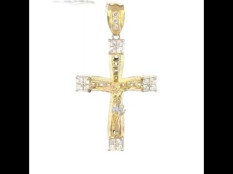 10K Two-Tone Gold Mens Princess Cut Cubic-Zirconia Religious Cross Crucifix Charm Pendant