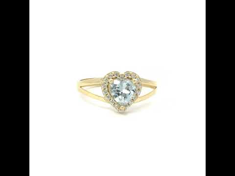 10K Yellow Gold Womens Round Heart White Aquamarine Cubic-Zirconia Heart Birthstone Ring