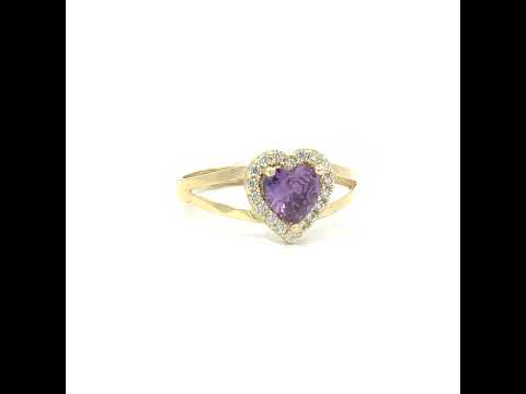 10K Yellow Gold Womens Round Heart White Purple Cubic-Zirconia Heart Birthstone Ring