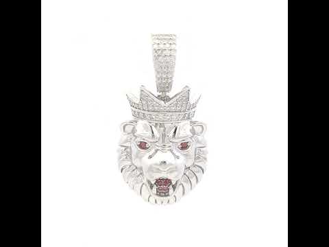 925 Sterling Silver Mens White Red 0.89ct Moissanite Leo/Lion Head Wildlife Charm Pendant