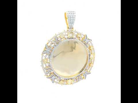 925 Sterling Silver Yellow-Tone Unisex Moissanite Floral Border Round Photo Frame Pendant