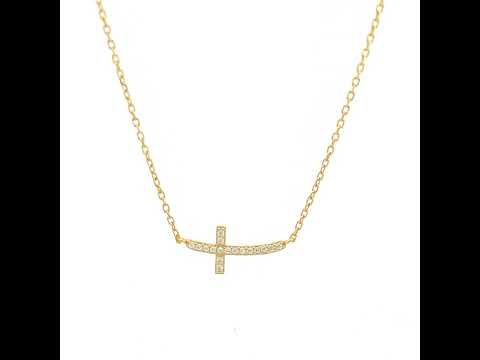 925 Sterling Silver Yellow-tone Unisex Cubic-Zirconia Sideways Cross Necklace Size 16 + 1.5 Inches