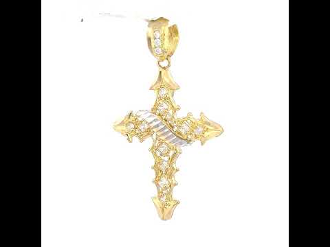 10K Two-tone Gold Mens Princess-cut Round Cubic-Zirconia Filigree Cross Religious Charm Pendant