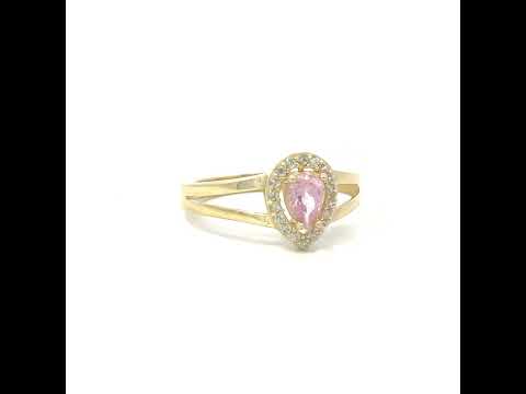 10K Yellow Gold Womens Round Pear White Pink Cubic-Zirconia Teardrop Birthstone Ring