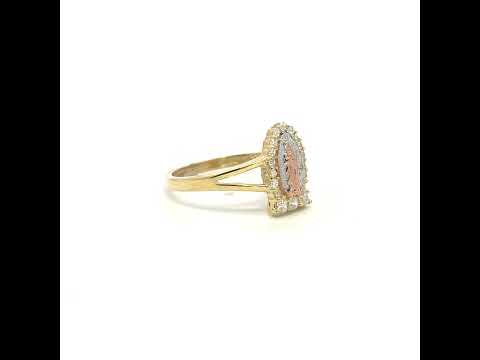 10K Tri-Color Gold Womens Round Cubic Zirconia Lady Of Guadalupe Religious Ring