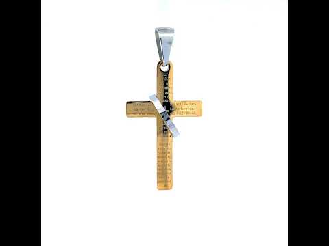 Stainless Steel Two-tone Mens English Bible Lord's Prayer Cross Halo Ring Religious Charm Pendant