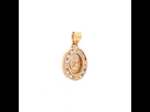 10K Tri-Color Gold Unisex Cubic-Zirconia Textured Religious Oval Charm Pendant