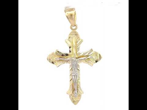 10K Two-Tone Gold Mens Women Diamond-Cut Crucifix Cross Religious Charm Pendant