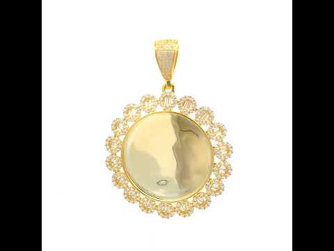 925 Sterling Silver Yellow-tone Unisex Round Baguette Cubic-Zirconia Memory Circle Photo Frame Charm Pendant