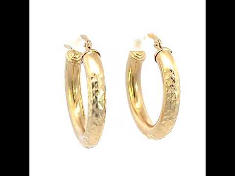 10K Yellow Gold Womens Round Tube Diamond-cut Patterned Fancy Hoop Earrings 4mm-25