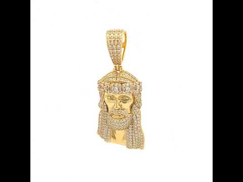 925 Sterling Silver Yellow-tone Mens Round Baguette Cubic-Zirconia Jesus Religious Charm Pendant