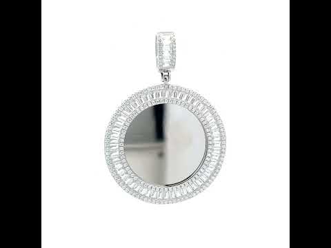 925 Sterling Silver Unisex Round Baguette Cubic-Zirconia Memory Circle Photo Frame Charm Pendant