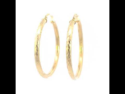 10K Yellow Gold Womens Round Tube Diamond-cut Patterned Fancy Hoop Earrings 3mm-38