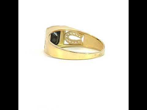 10K Yellow Gold Womens Black White Emerald Round Cubic-Zirconia Horseshoe Sides Fashion Ring