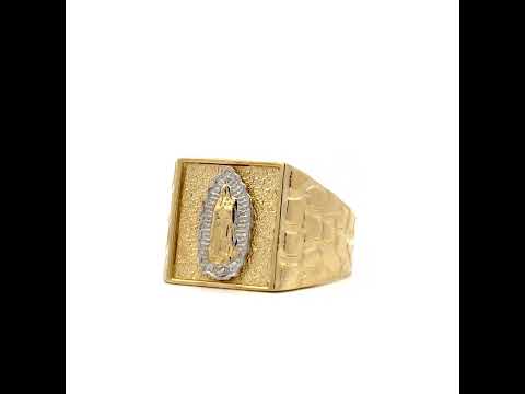 10K Two-tone Gold Mens Square Head Guadalupe Religious Nugget Ring