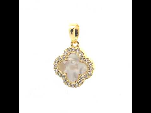 925 Sterling Silver Yellow-Tone Womens Cubic-Zirconia White Enameled Clover Good Luck Pendant