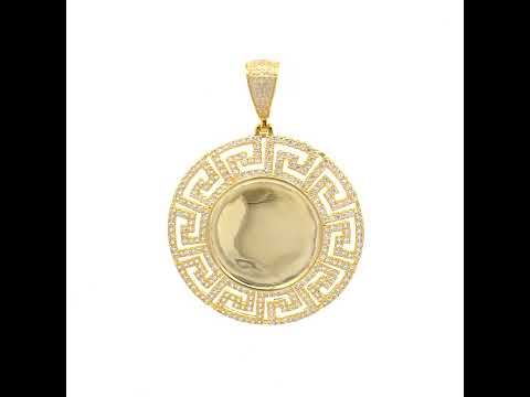 925 Sterling Silver Yellow-tone Unisex Cubic-Zirconia Greek Key Memory Circle Photo Frame Charm Pendant