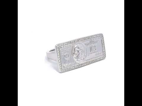 925 Sterling Silver Mens Cubic-Zirconia 100 Dollar Bill Currency Fashion Ring Size 9