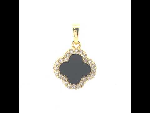 925 Sterling Silver Yellow-Tone Womens Cubic-Zirconia Black Enameled Clover Good Luck Pendant