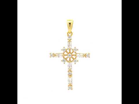 925 Sterling Silver Yellow-tone Unisex Baguette Round Cubic-Zirconia Cross Religious Charm Pendant