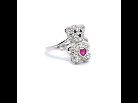 925 Sterling Silver Womens Black/Pink White Heart Round Cubic-Zirconia Teddy Bear Love Heart Ring Size 10