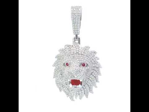 925 Sterling Silver Mens Purple White 7.69ct Moissanite Red Enameled Leo/Lion Head Zodiac Sign/Wildlife Pendant