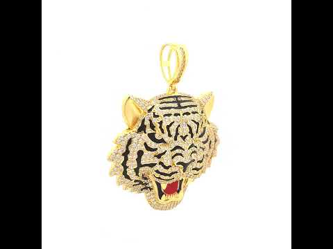 925 Sterling Silver Yellow-tone Mens Cubic-Zirconia Black Red Enameled Tiger Head Animal Pendant