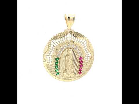 10K Yellow Gold Mens White Purple/Green Cubic-Zirconia Guadalupe Religious Pendant