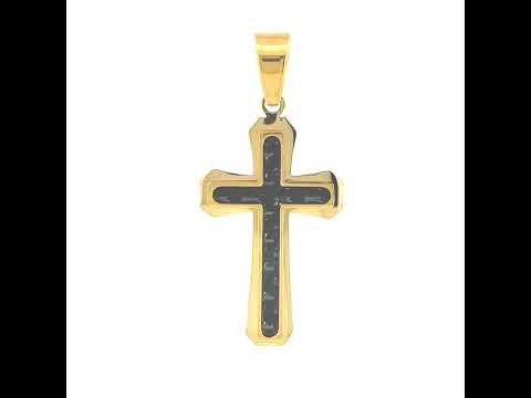 Stainless Steel Yellow Black-tone Mens Carbon Fiber Inlay Cross Religious Charm Pendant