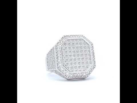 925 Sterling Silver Mens 0.50ct Baguette 2.81ct Round Moissanite Octagon Head Fashion Ring Size 9