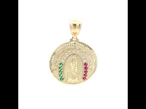10K Yellow Gold Mens White Purple/Green Cubic-Zirconia Guadalupe Religious Pendant