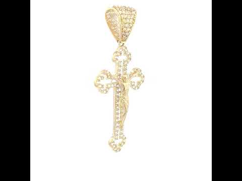 14K Yellow Gold Mens Cubic-Zirconia Crucifix Cross Religious Charm Pendant